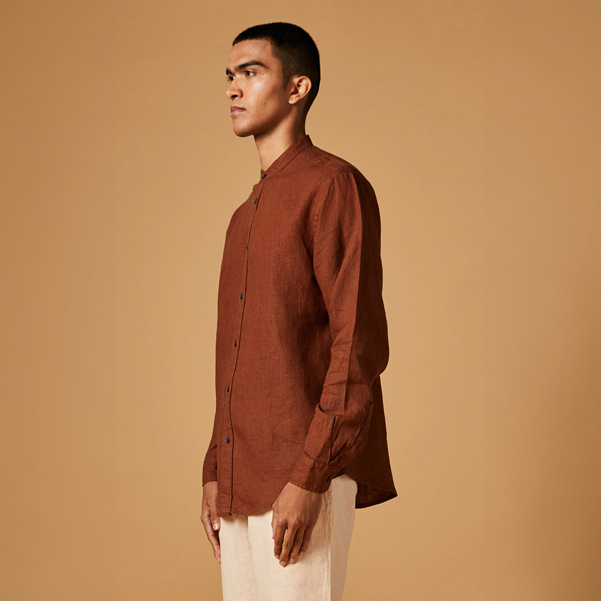 Cinnamon Linen Men's Band Collar Shirt