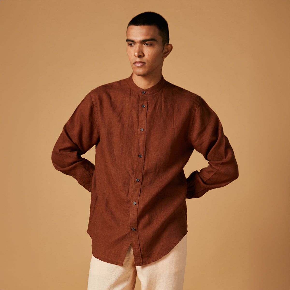 Cinnamon Linen Men's Band Collar Shirt