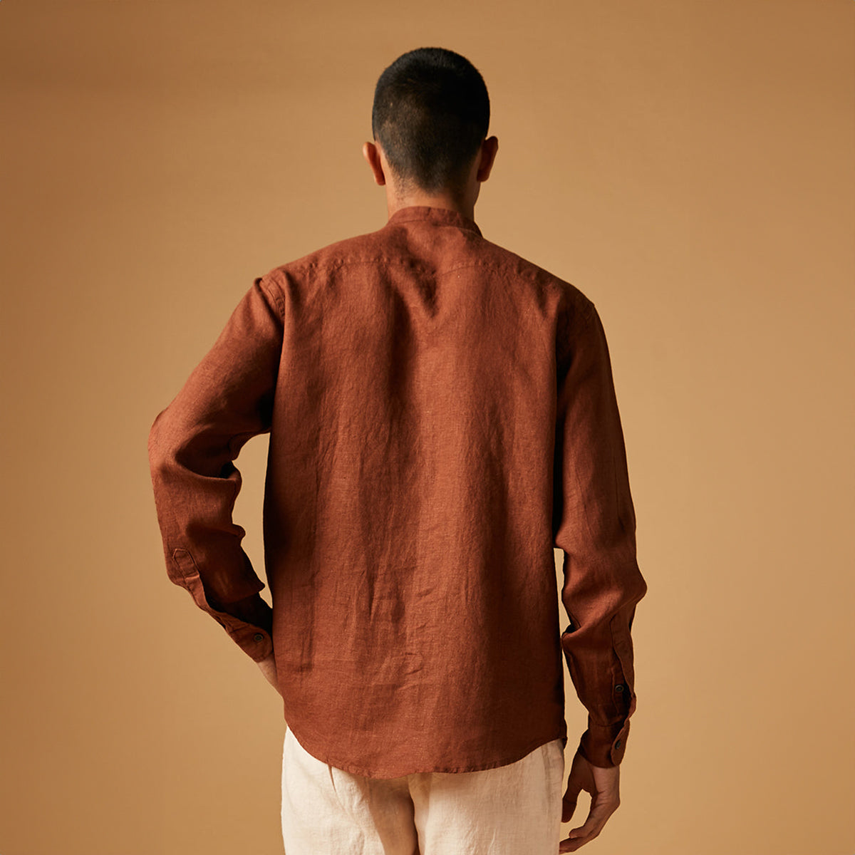 Cinnamon Linen Men's Band Collar Shirt