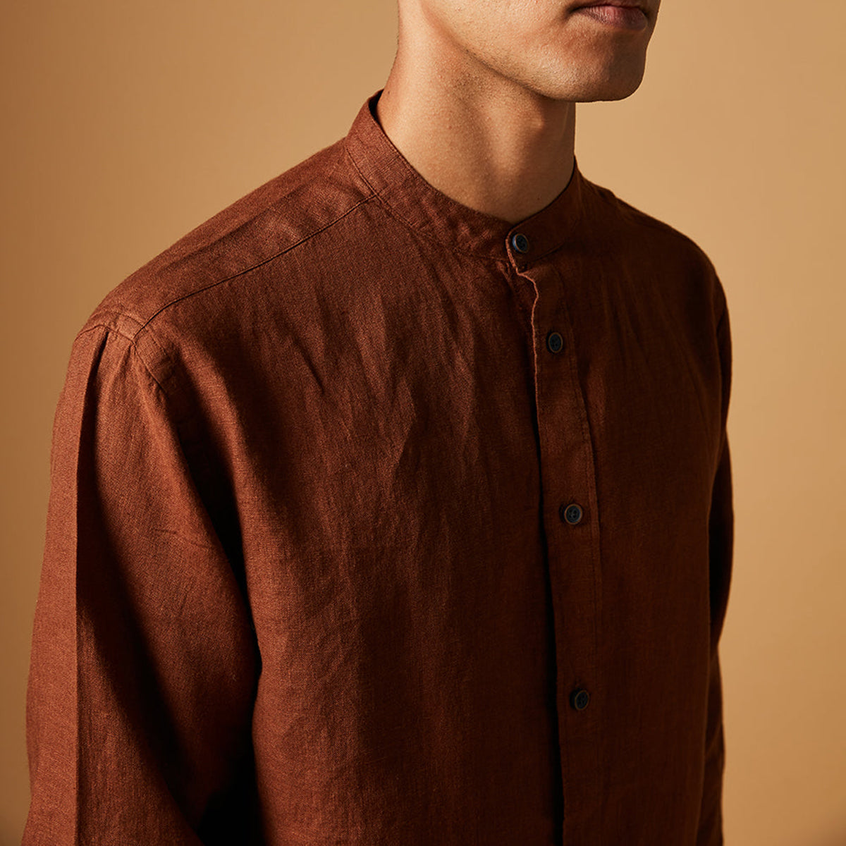 Cinnamon Linen Men's Band Collar Shirt