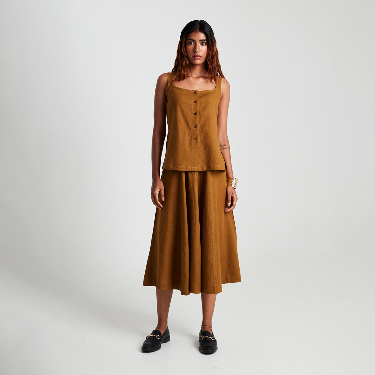 Olive Co-Linen Side Slit Top & Skirt Set