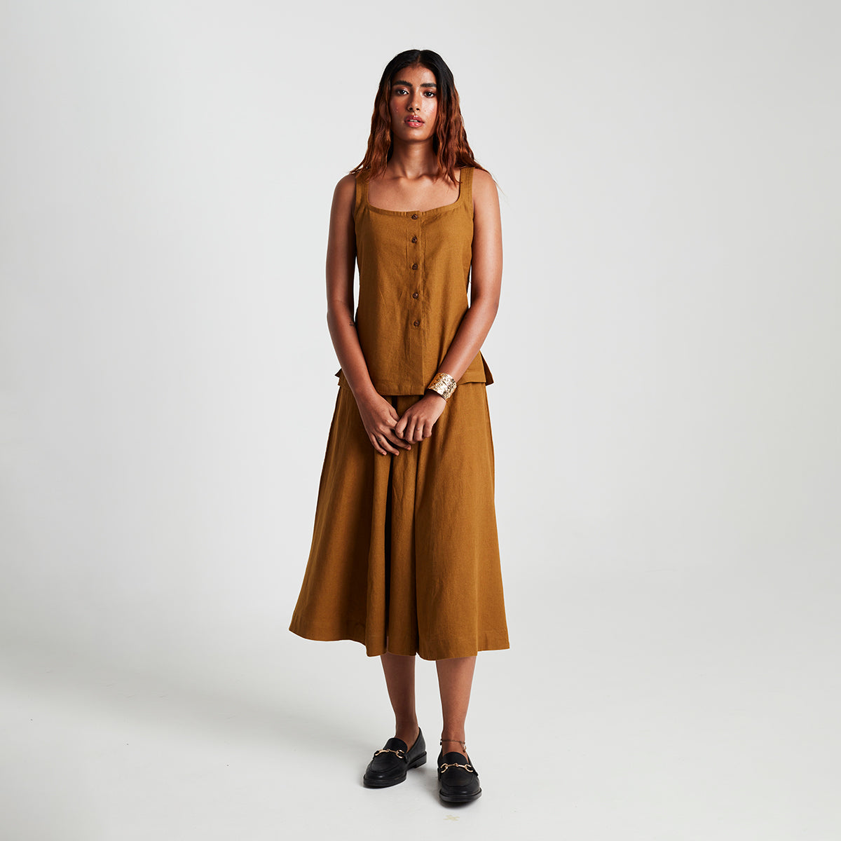 Olive Co-Linen Side Slit Top & Skirt Set