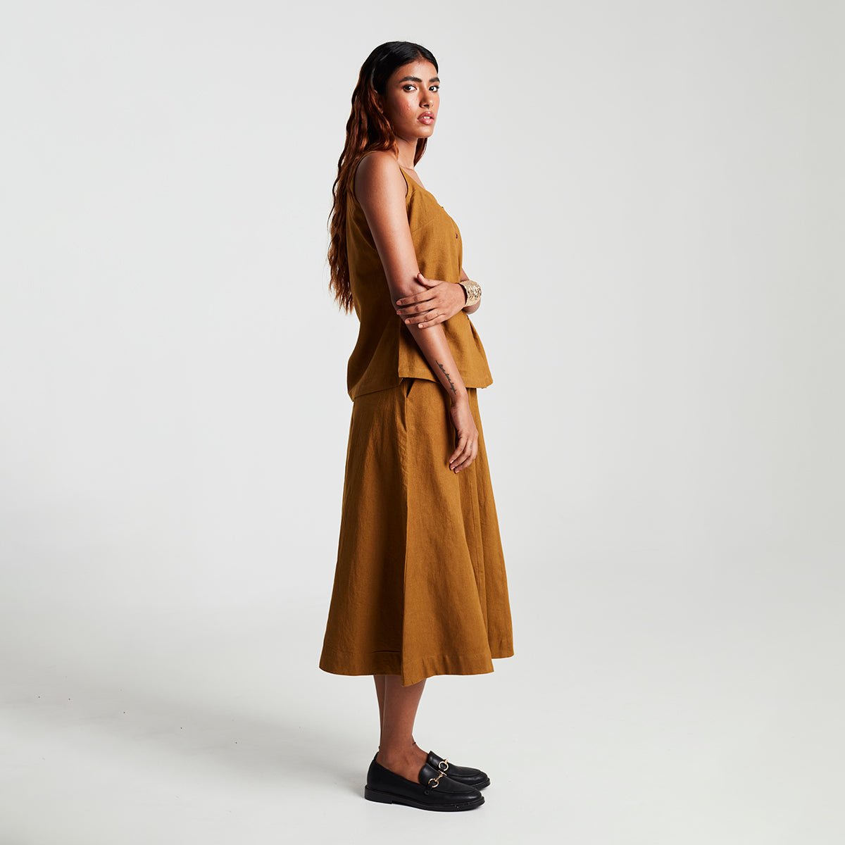 Olive Co-Linen Side Slit Top & Skirt Set