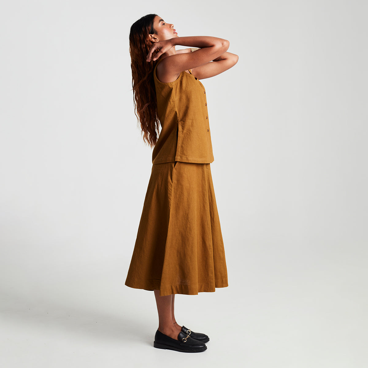 Olive Co-Linen Side Slit Top & Skirt Set