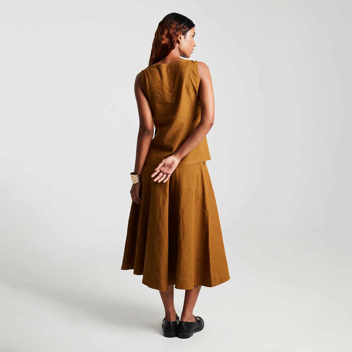 Olive Co-Linen Side Slit Top & Skirt Set