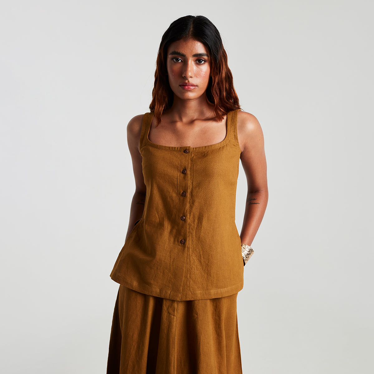 Olive Co-Linen Side Slit Top & Skirt Set