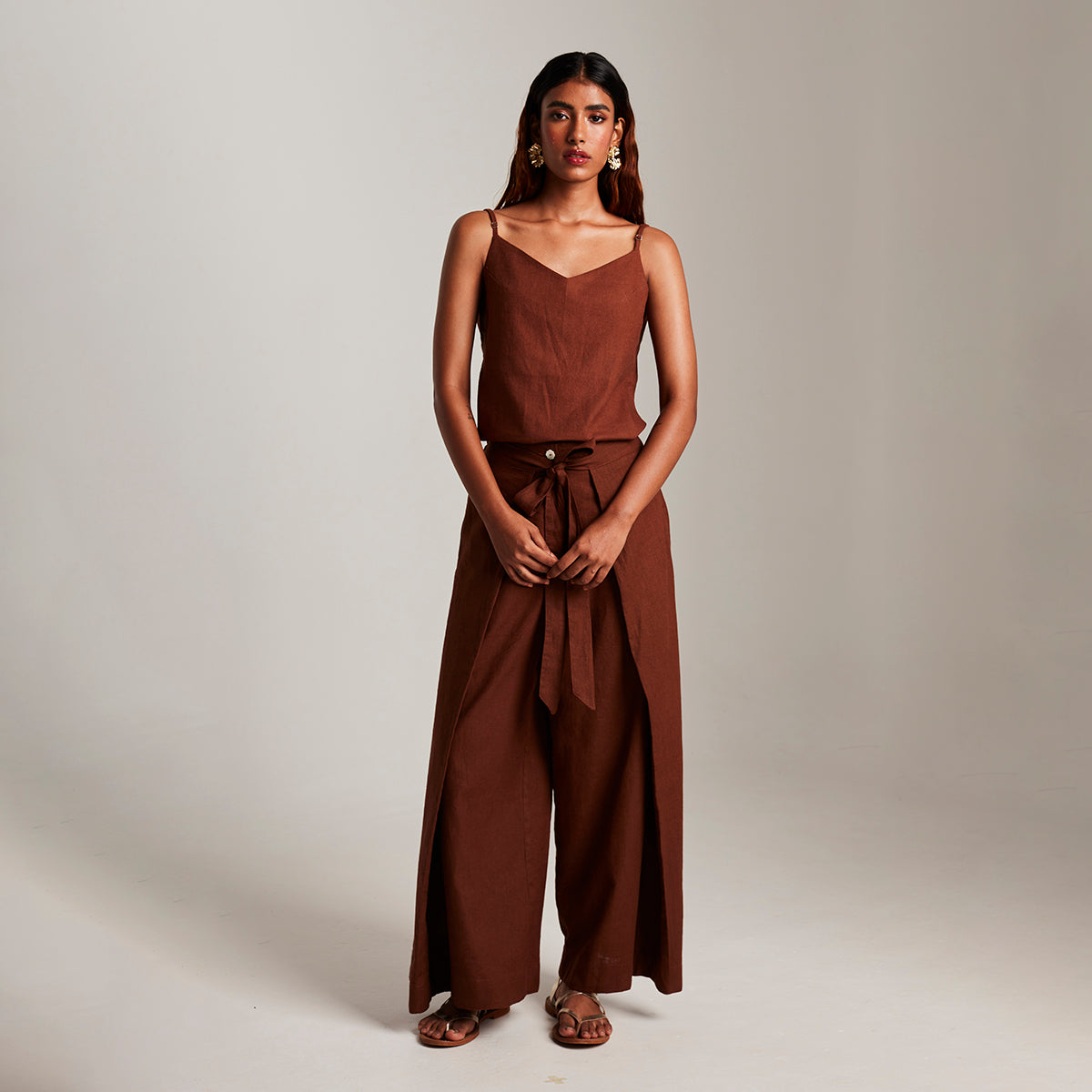 Mocha Co-Linen Camisole Top & Wrap Pants