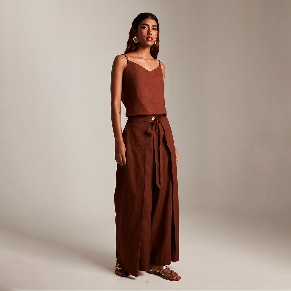 Mocha Co-Linen Camisole Top & Wrap Pants