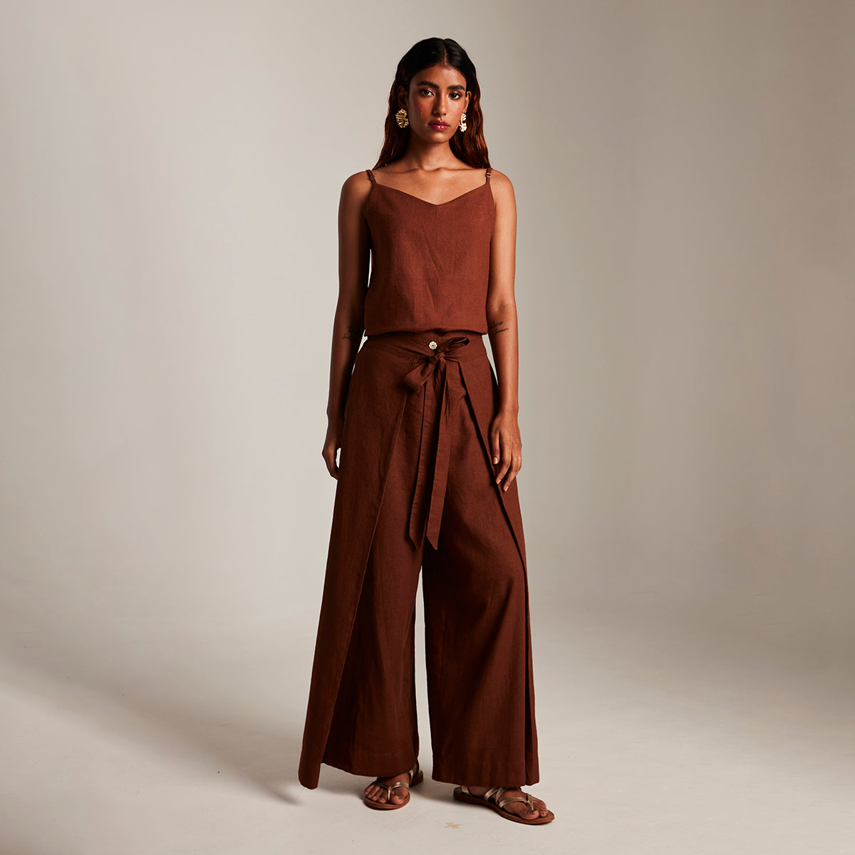 Mocha Co-Linen Camisole Top & Wrap Pants