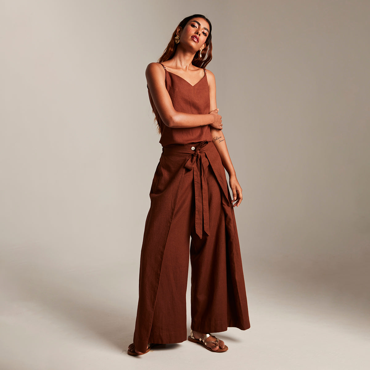 Mocha Co-Linen Camisole Top & Wrap Pants