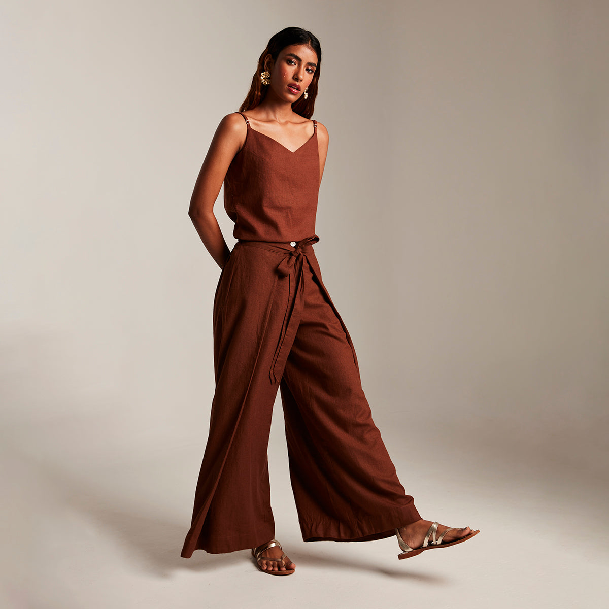 Mocha Co-Linen Camisole Top & Wrap Pants