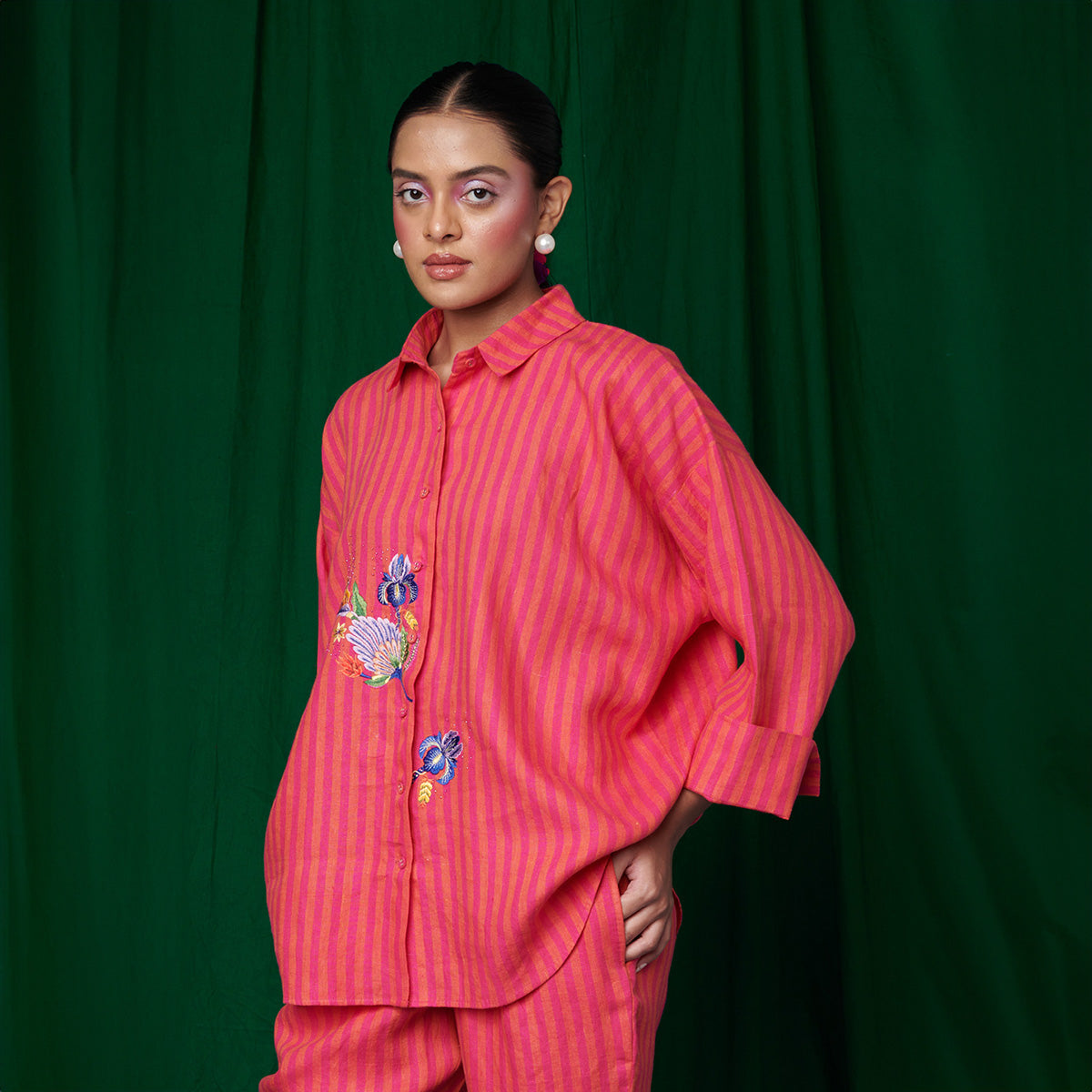 Coral Linen Oversized Flared Shirt Set