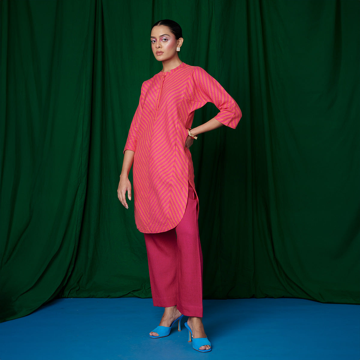 Coral Linen Panelled Kurta Set