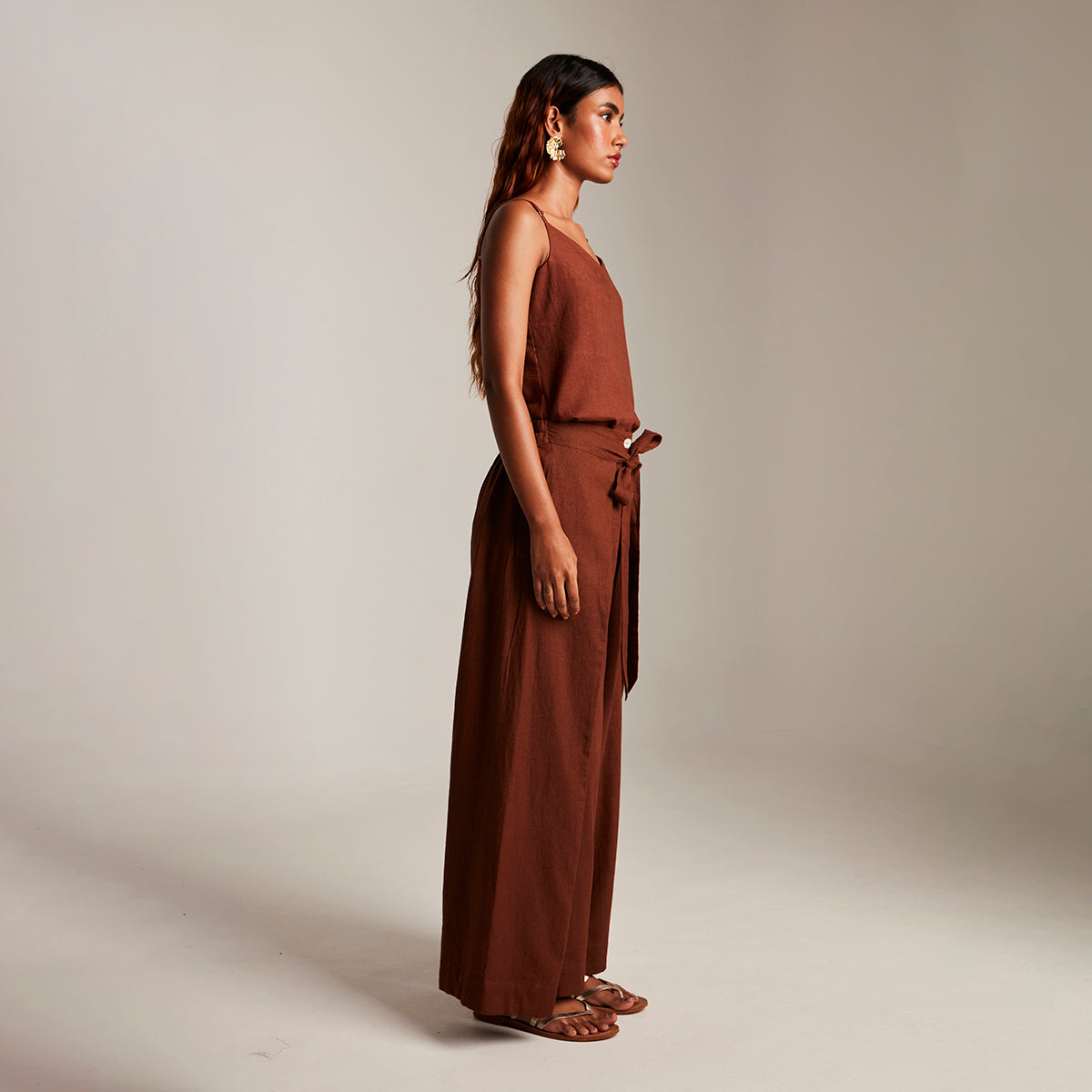 Mocha Co-Linen Camisole Top & Wrap Pants