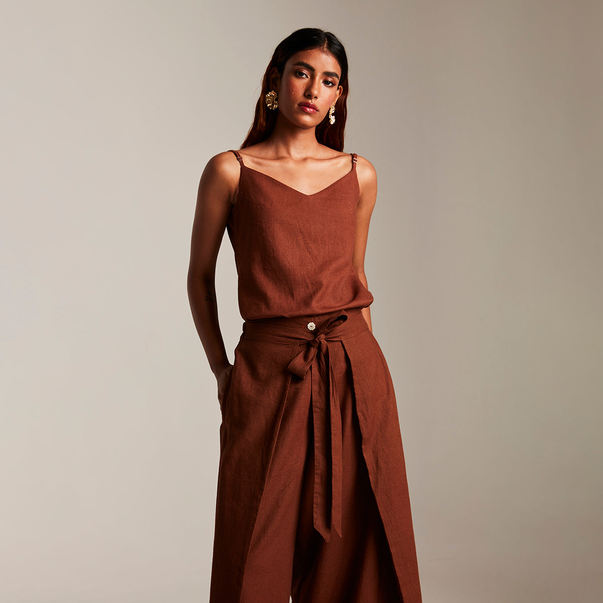 Mocha Co-Linen Camisole Top & Wrap Pants