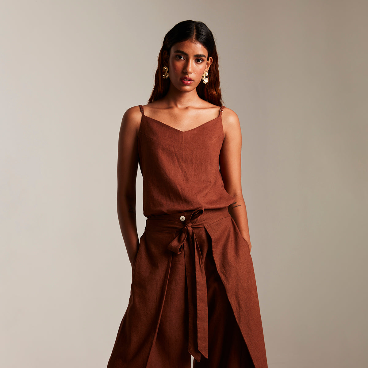 Mocha Co-Linen Camisole Top & Wrap Pants