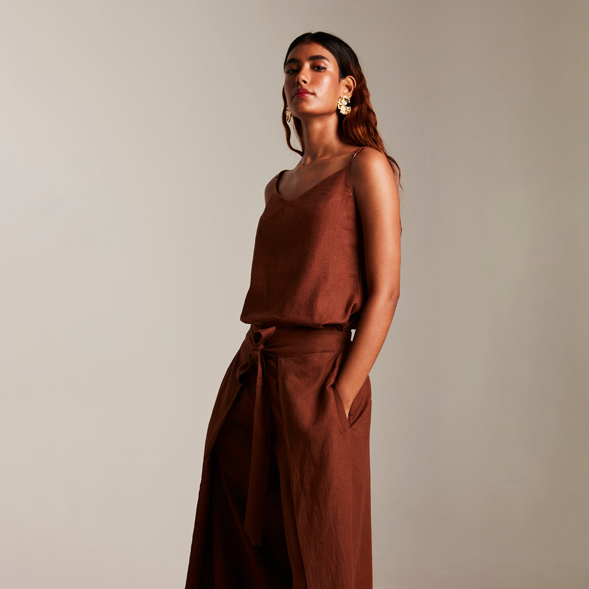 Mocha Co-Linen Camisole Top & Wrap Pants