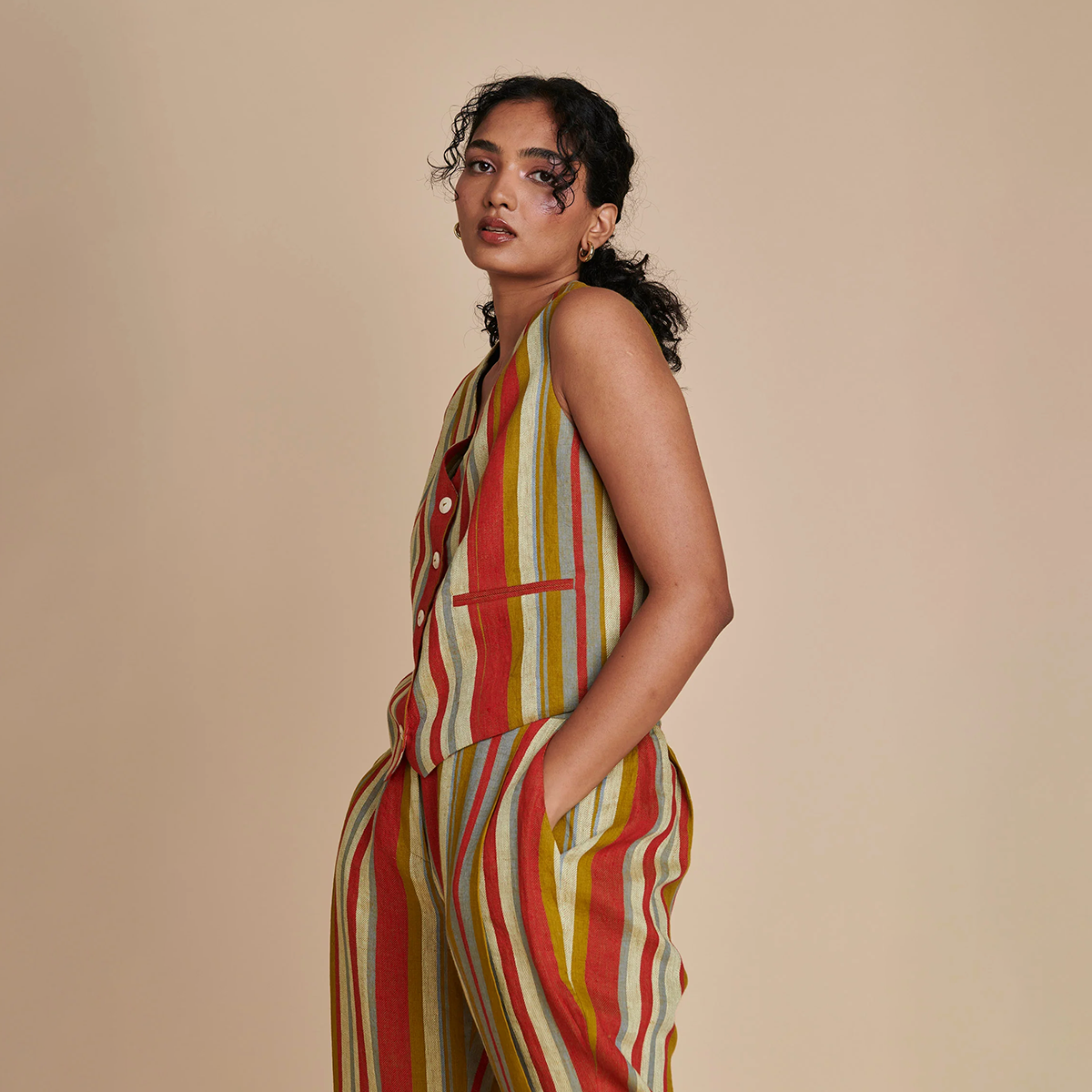 Leher Linen Waist Coat Set