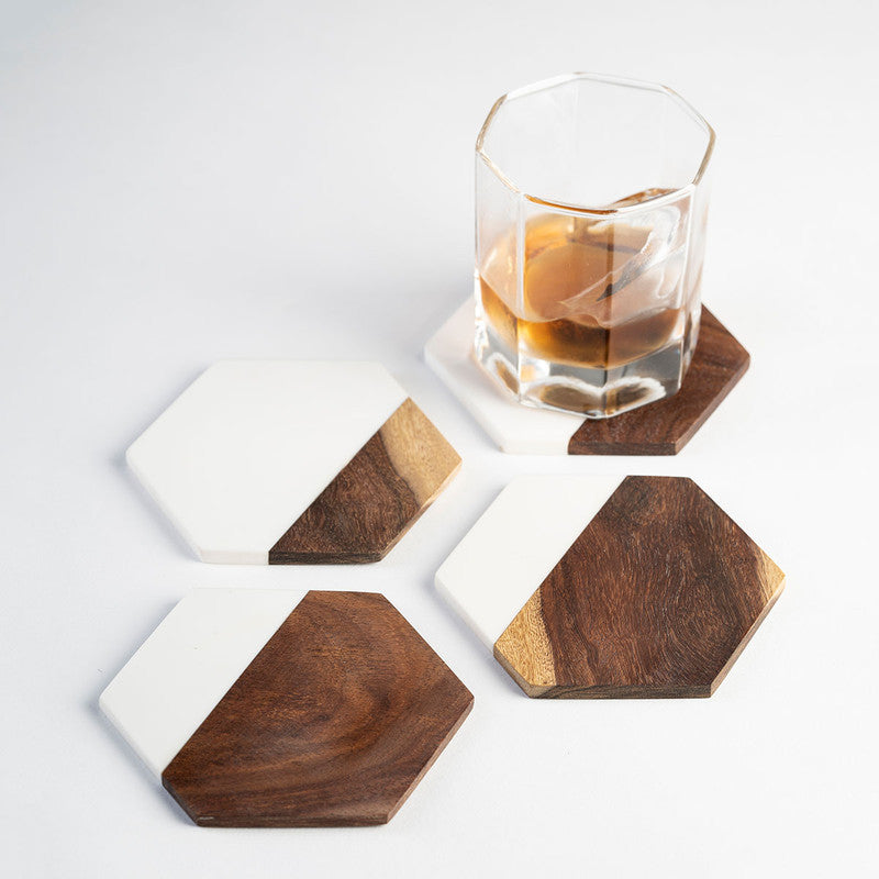 Sheesham & Marble Hexagonal Coasters | Set of 4