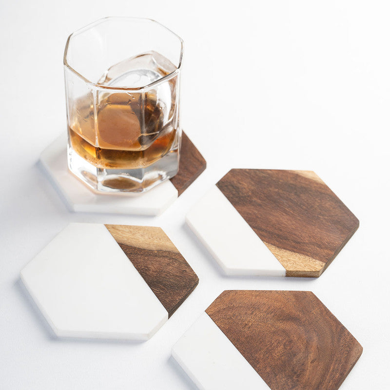 Sheesham & Marble Hexagonal Coasters | Set of 4