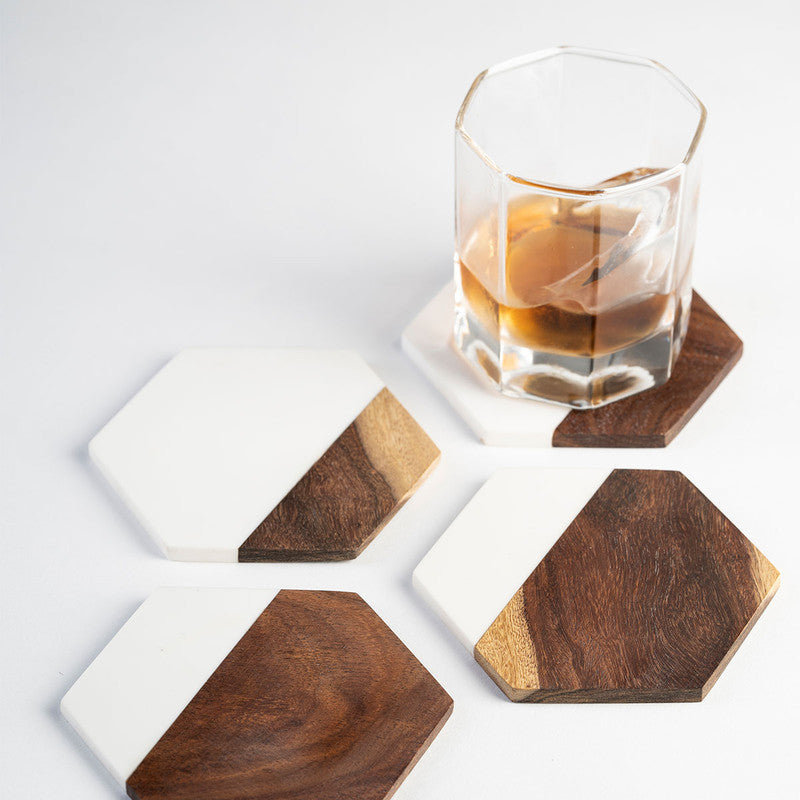 Sheesham & Marble Hexagonal Coasters | Set of 4