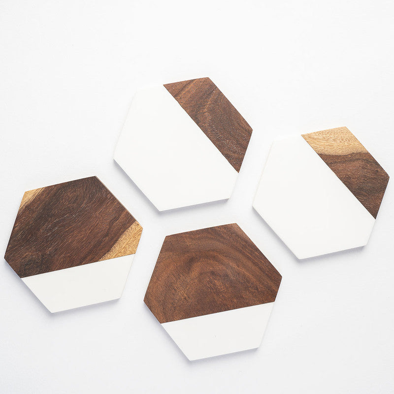 Sheesham & Marble Hexagonal Coasters | Set of 4