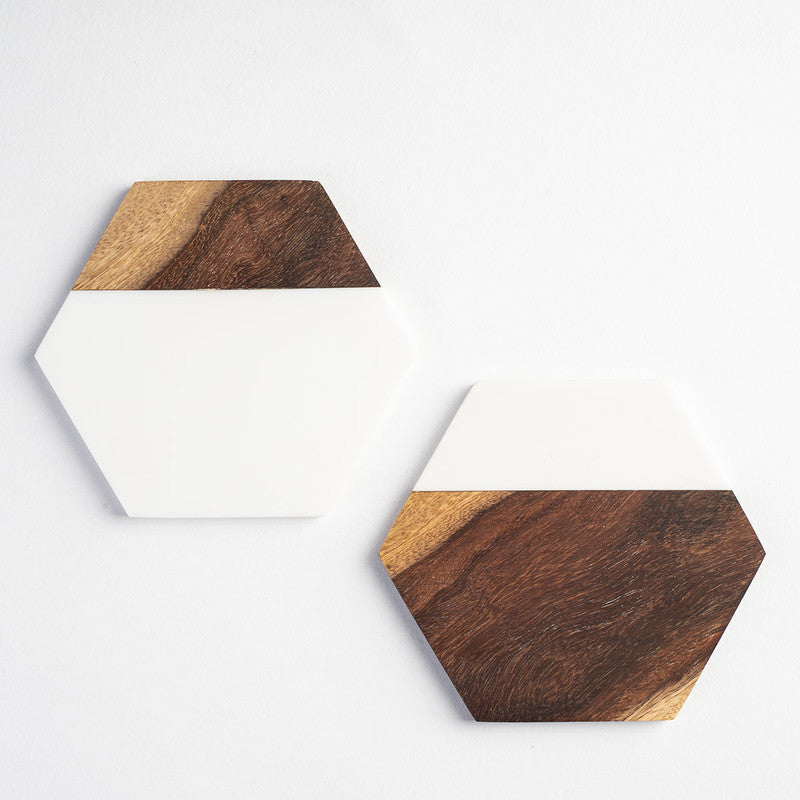 Sheesham & Marble Hexagonal Coasters | Set of 4