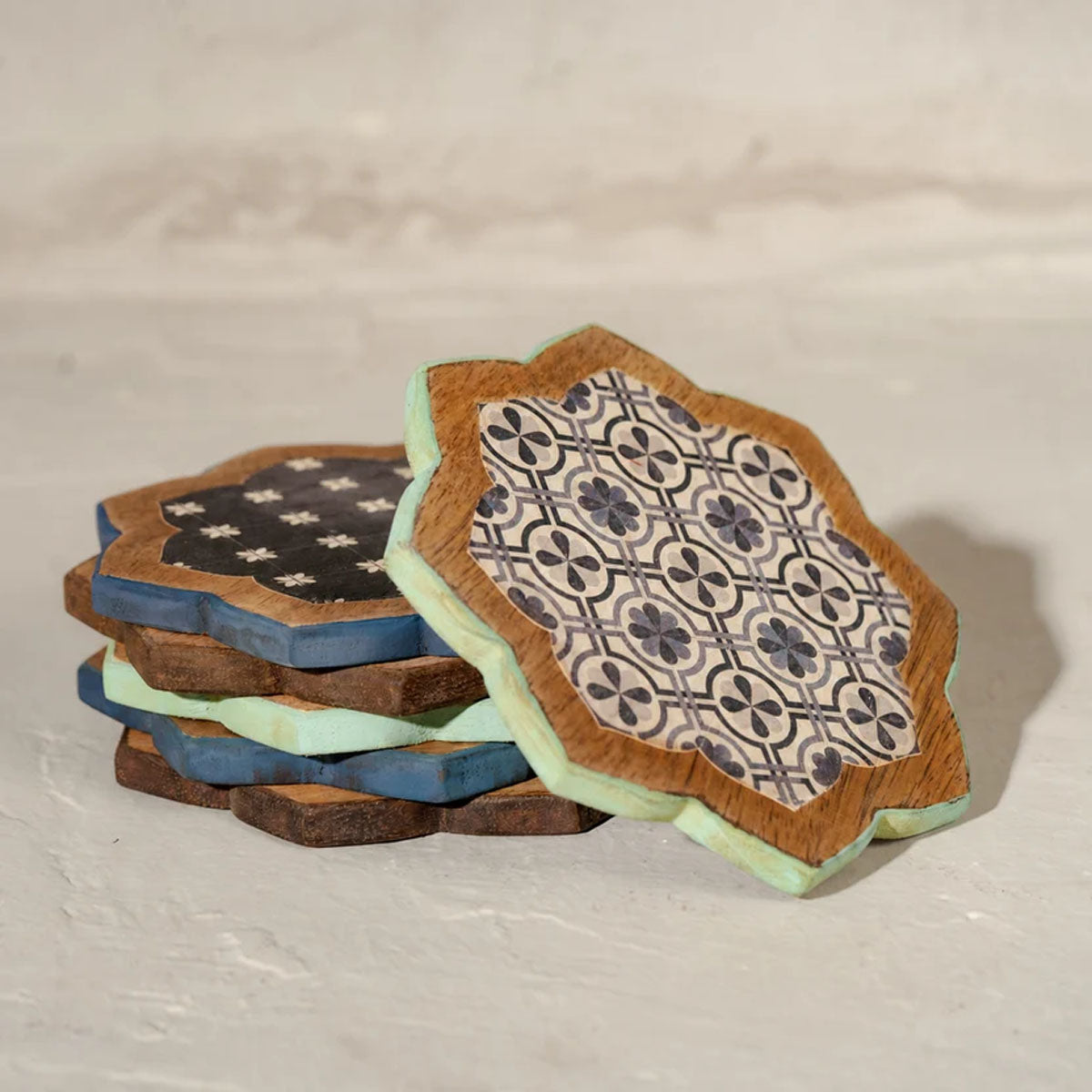 Kasida Wooden Coasters | Blue Embroidery-Inspired | Set of 6