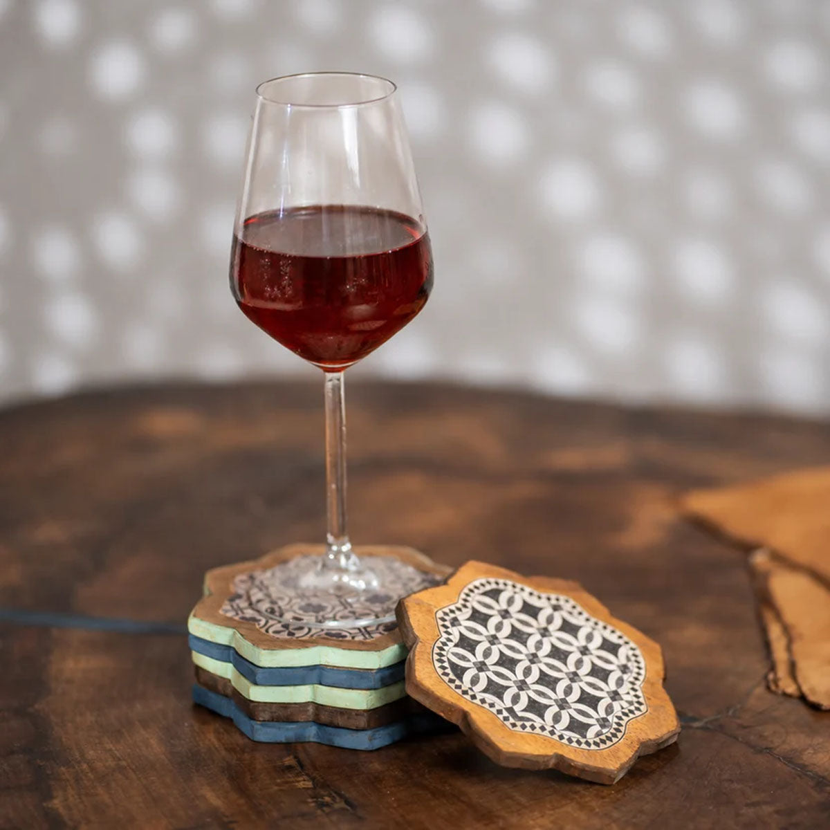 Kasida Wooden Coasters | Blue Embroidery-Inspired | Set of 6