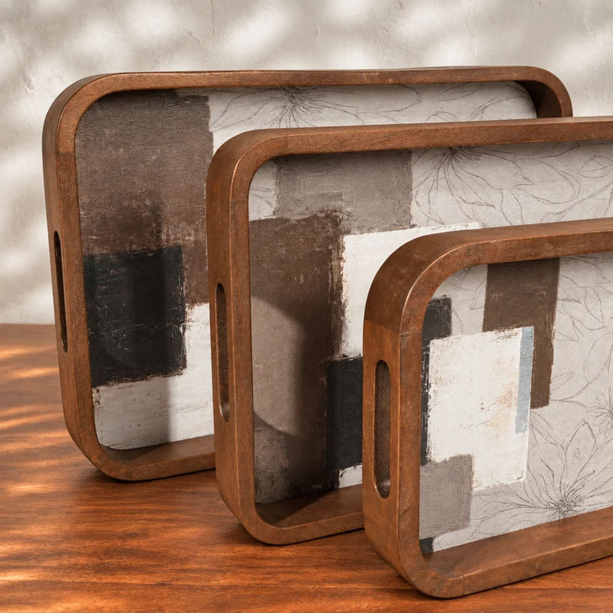 Mehfil Wooden Serving Trays | Natural Wood & White | Set of 3