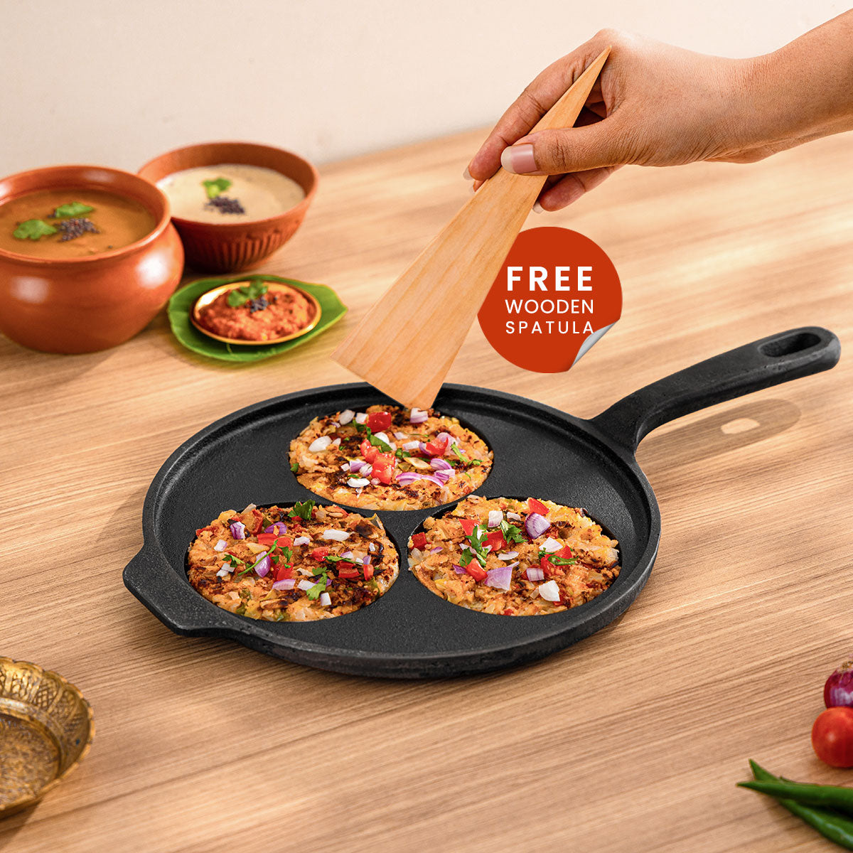 Cast Iron Uttapam Tawa with Wooden Ladle | Pre-seasoned | 10 Inches