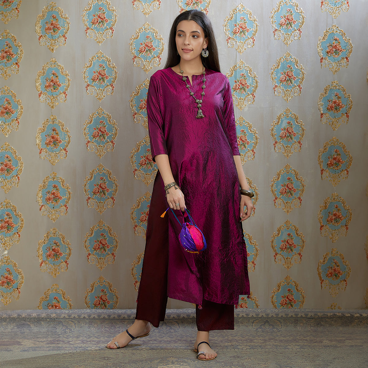 Vibhuti-Wine Hand Crushed Silk Straight Kurta & Pants