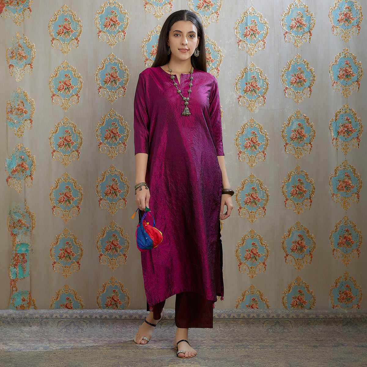 Vibhuti-Wine Hand Crushed Silk Straight Kurta & Pants