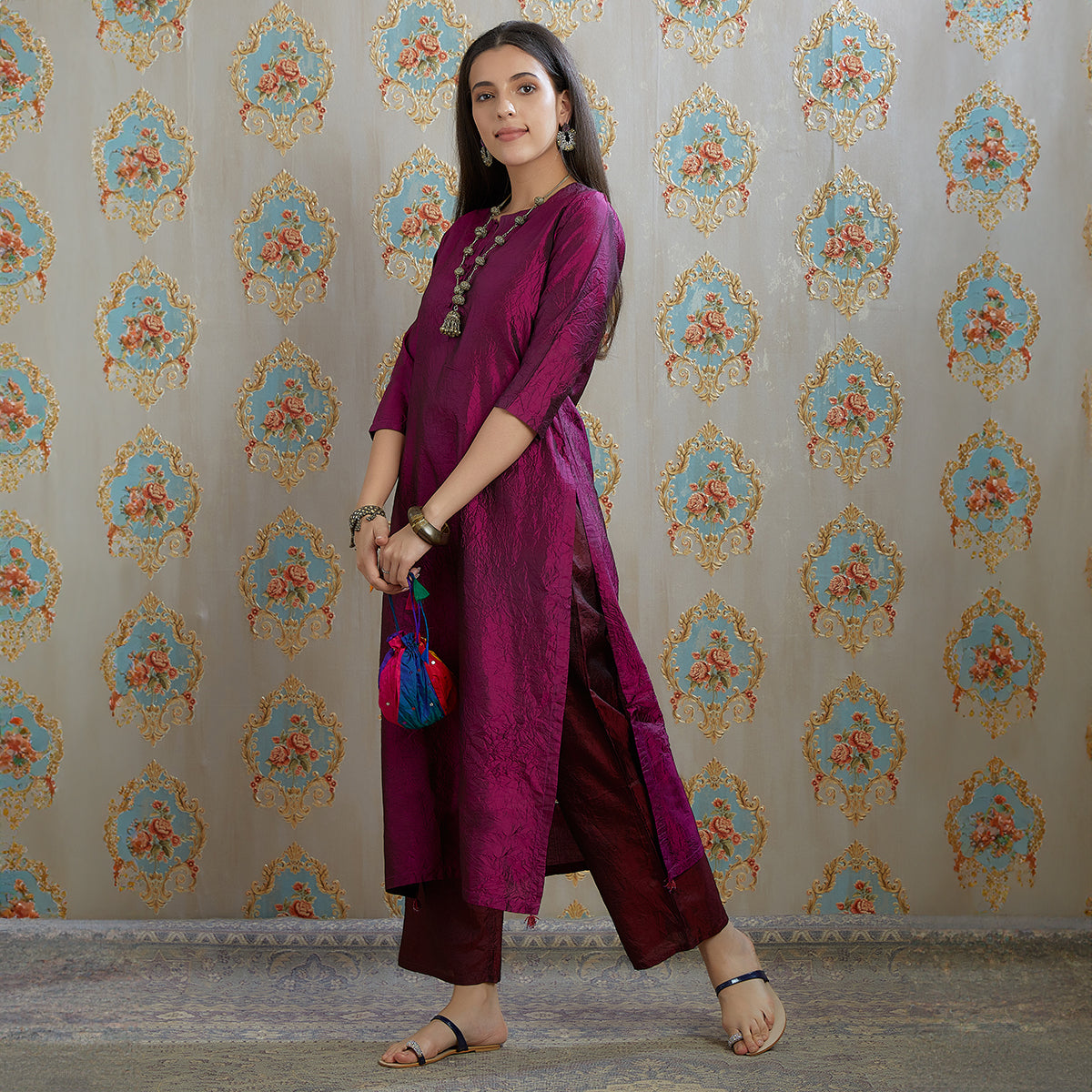 Vibhuti-Wine Hand Crushed Silk Straight Kurta & Pants