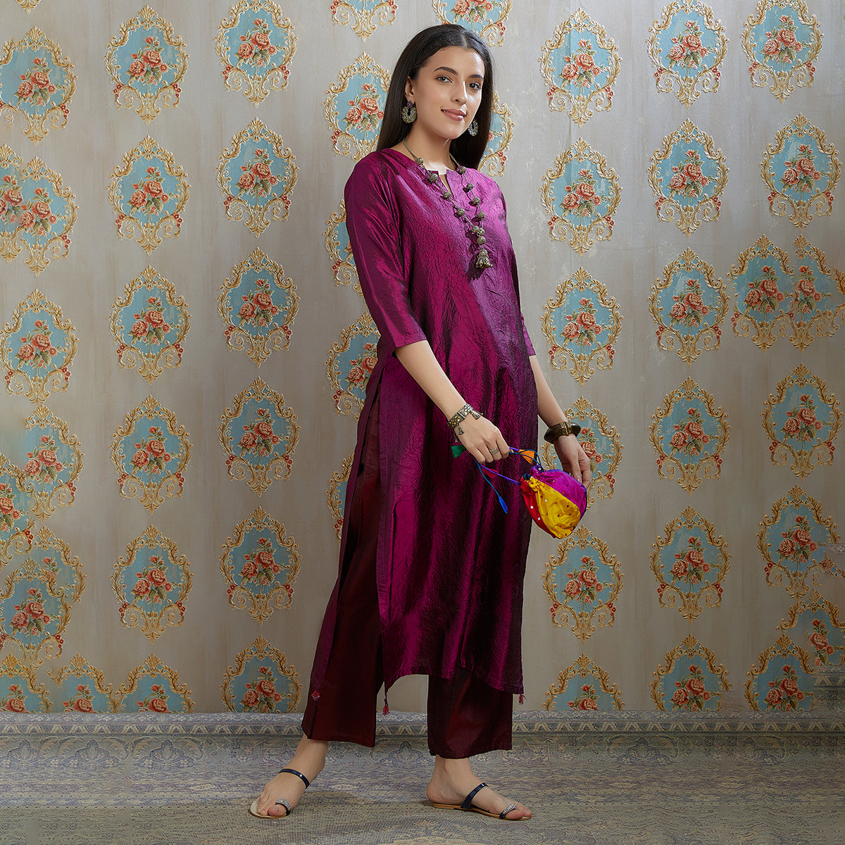 Vibhuti-Wine Hand Crushed Silk Straight Kurta & Pants