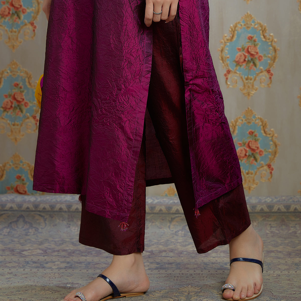 Vibhuti-Wine Hand Crushed Silk Straight Kurta & Pants