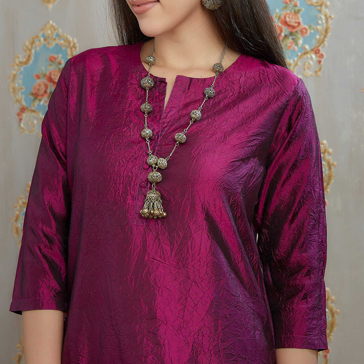 Vibhuti-Wine Hand Crushed Silk Straight Kurta & Pants