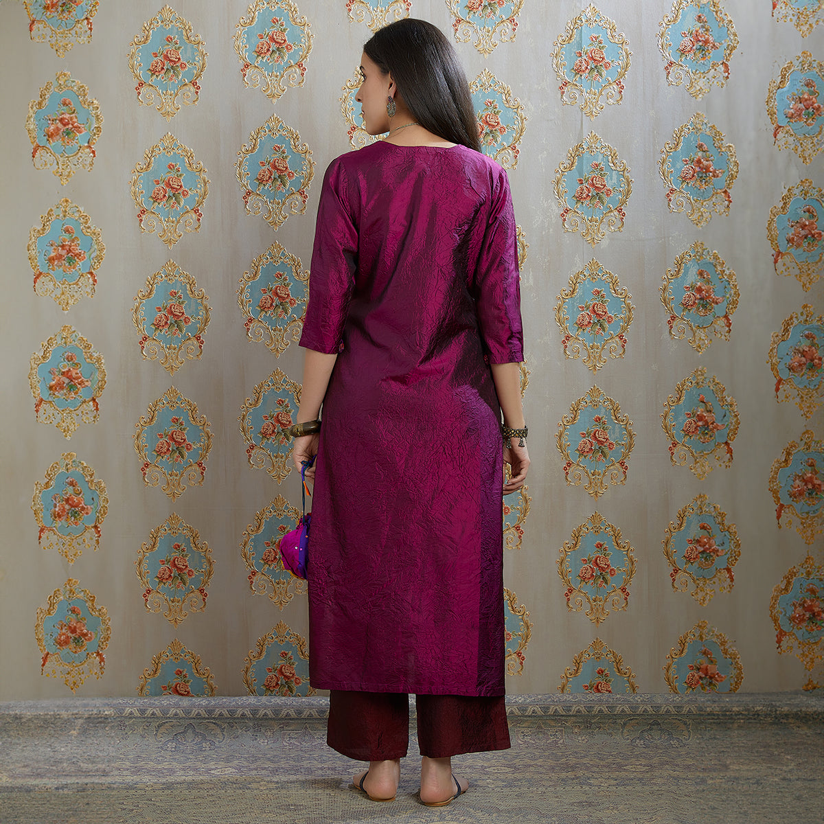 Vibhuti-Wine Hand Crushed Silk Straight Kurta & Pants