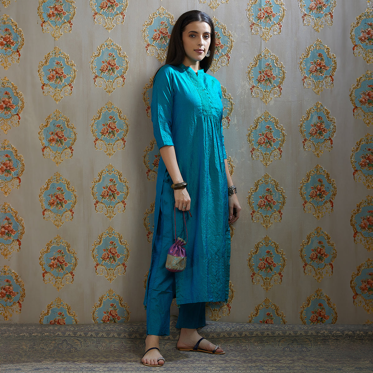 Vibhuti-Teal Blue Silk Kurta & Pants