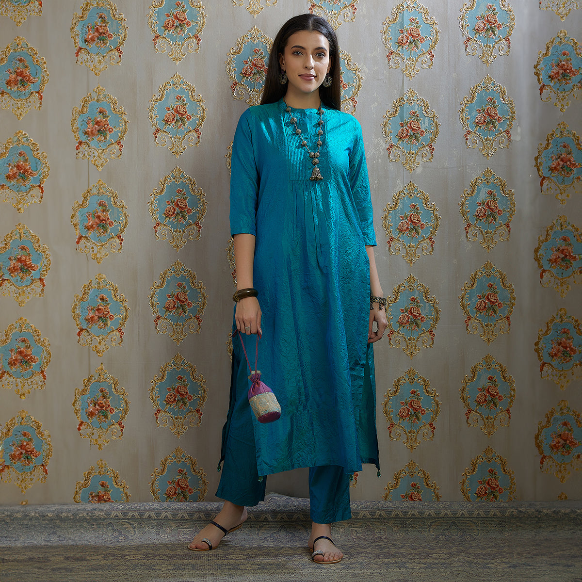 Vibhuti-Teal Blue Silk Kurta & Pants