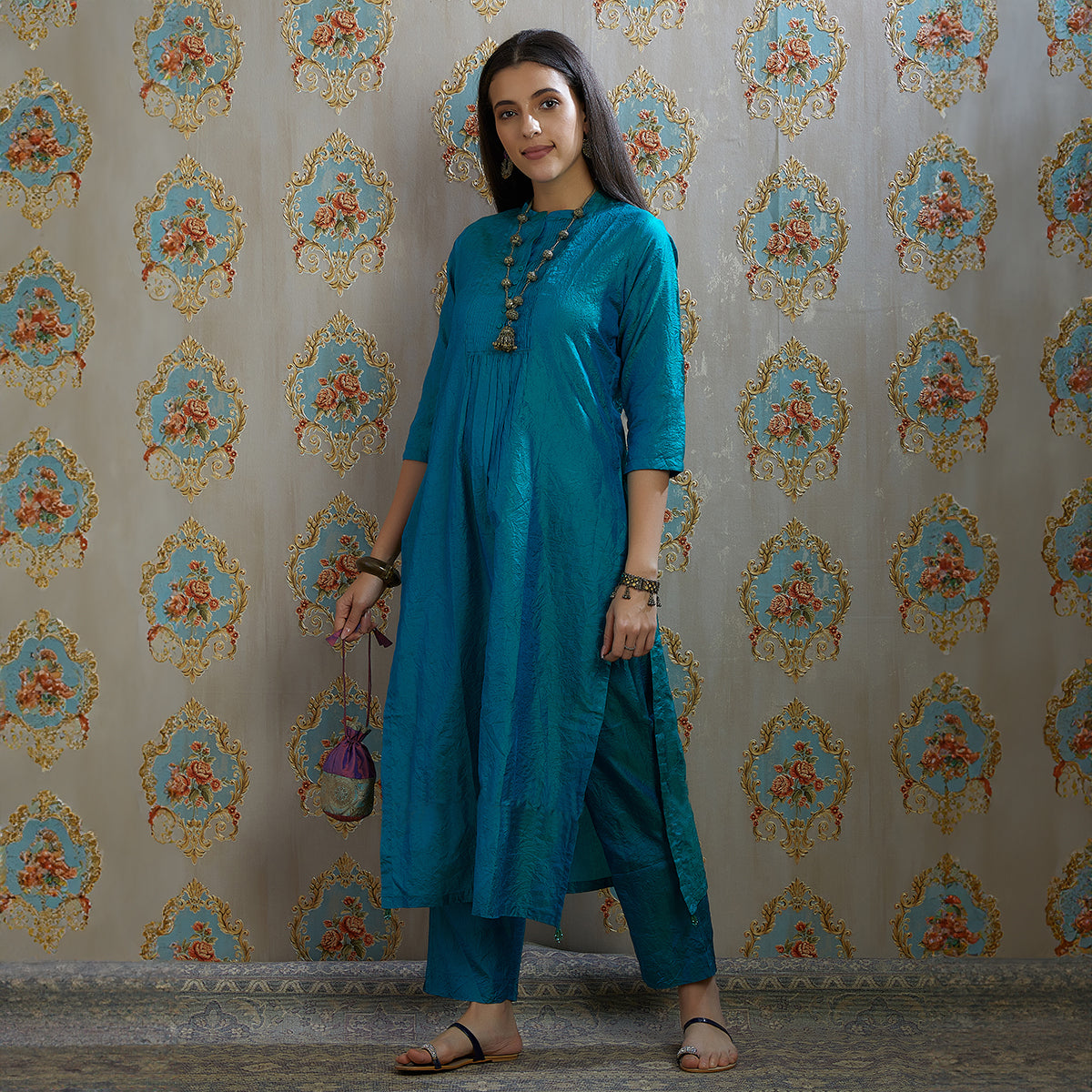 Vibhuti-Teal Blue Silk Kurta & Pants