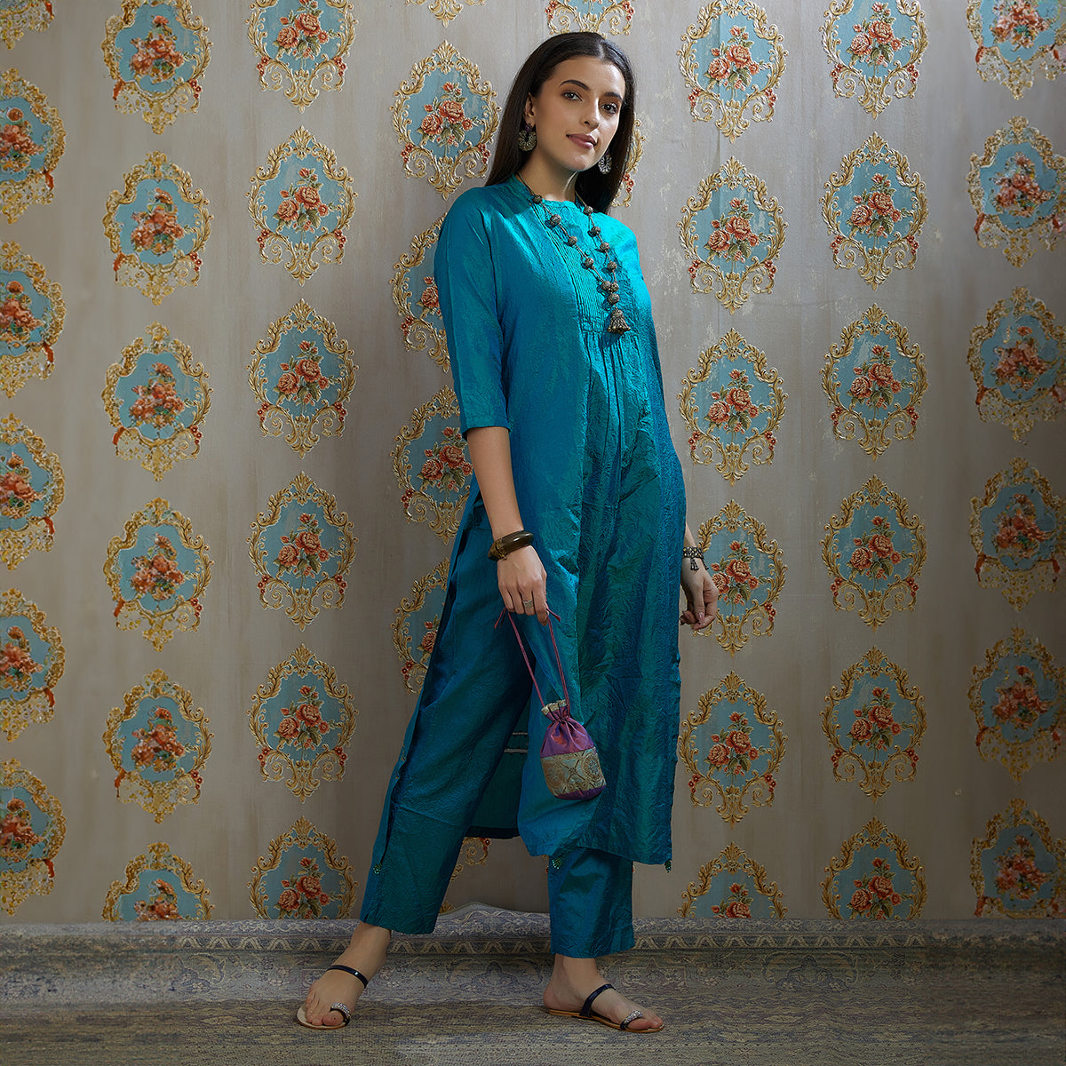 Vibhuti-Teal Blue Silk Kurta & Pants