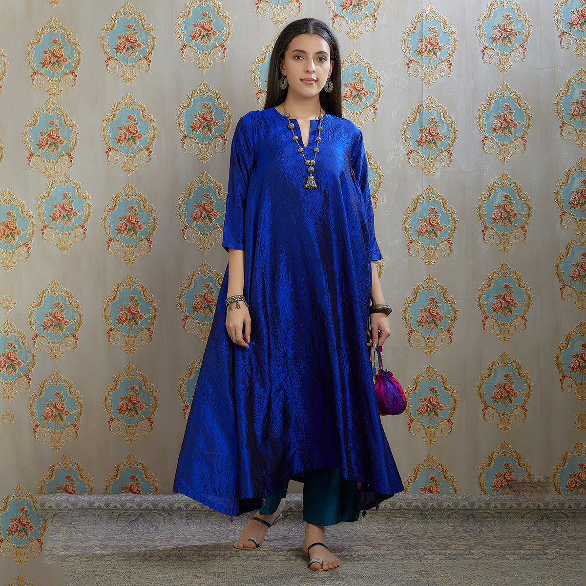 Vibhuti-Electric Blue Hand Crushed Silk Aline Kurta & Pants