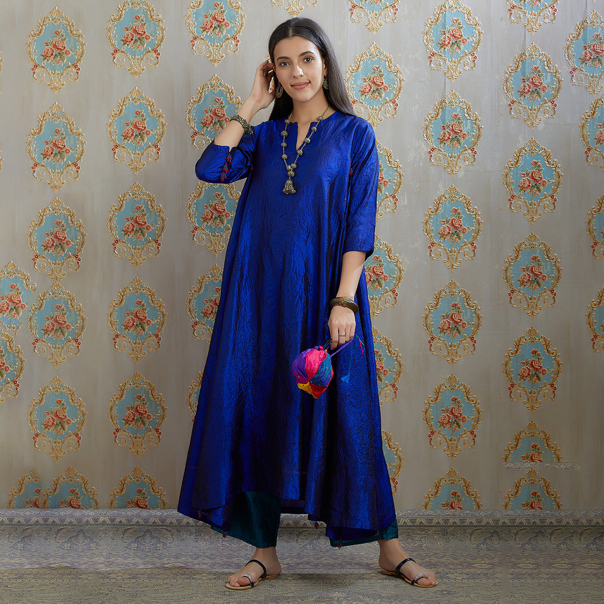 Vibhuti-Electric Blue Hand Crushed Silk Aline Kurta & Pants