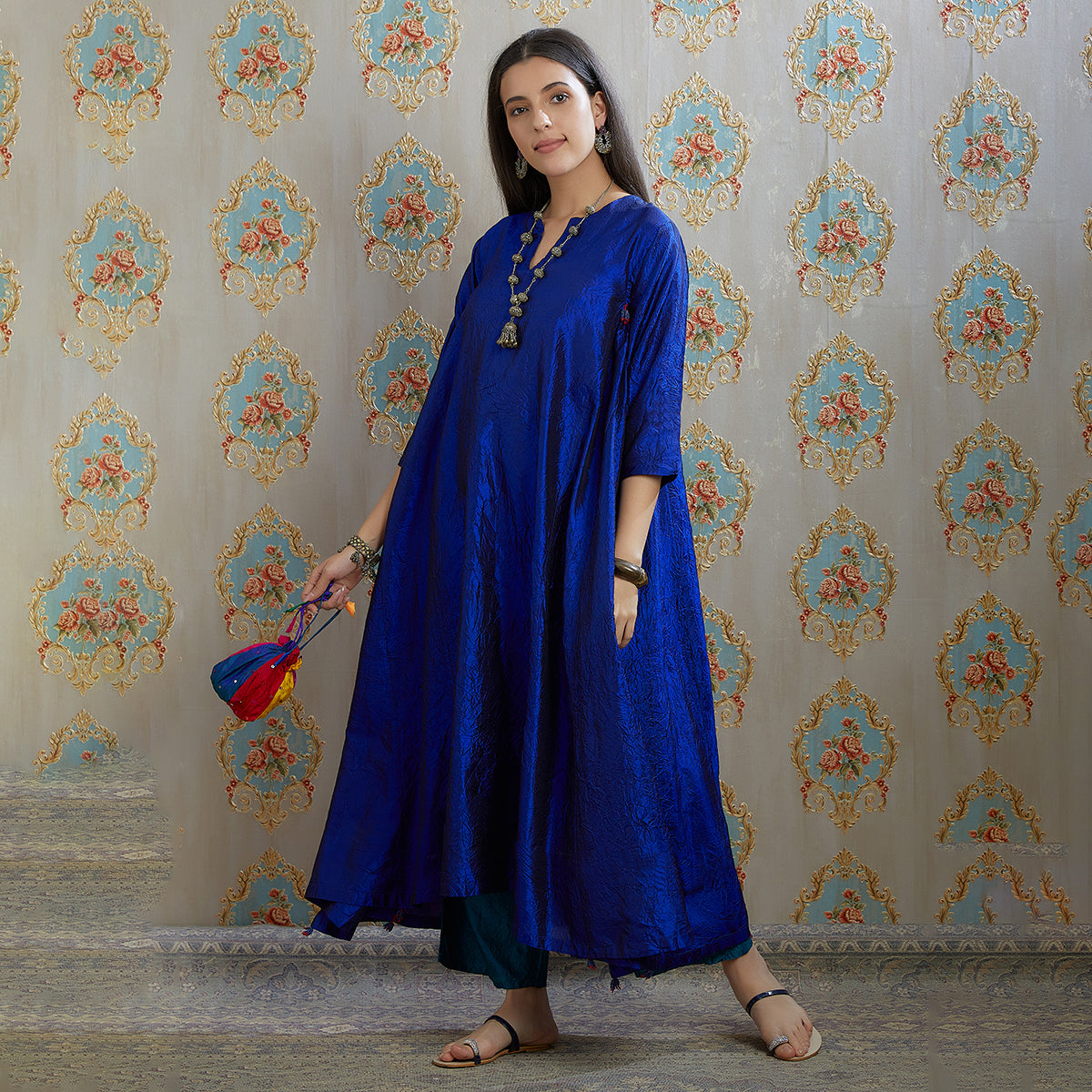 Vibhuti-Electric Blue Hand Crushed Silk Aline Kurta & Pants