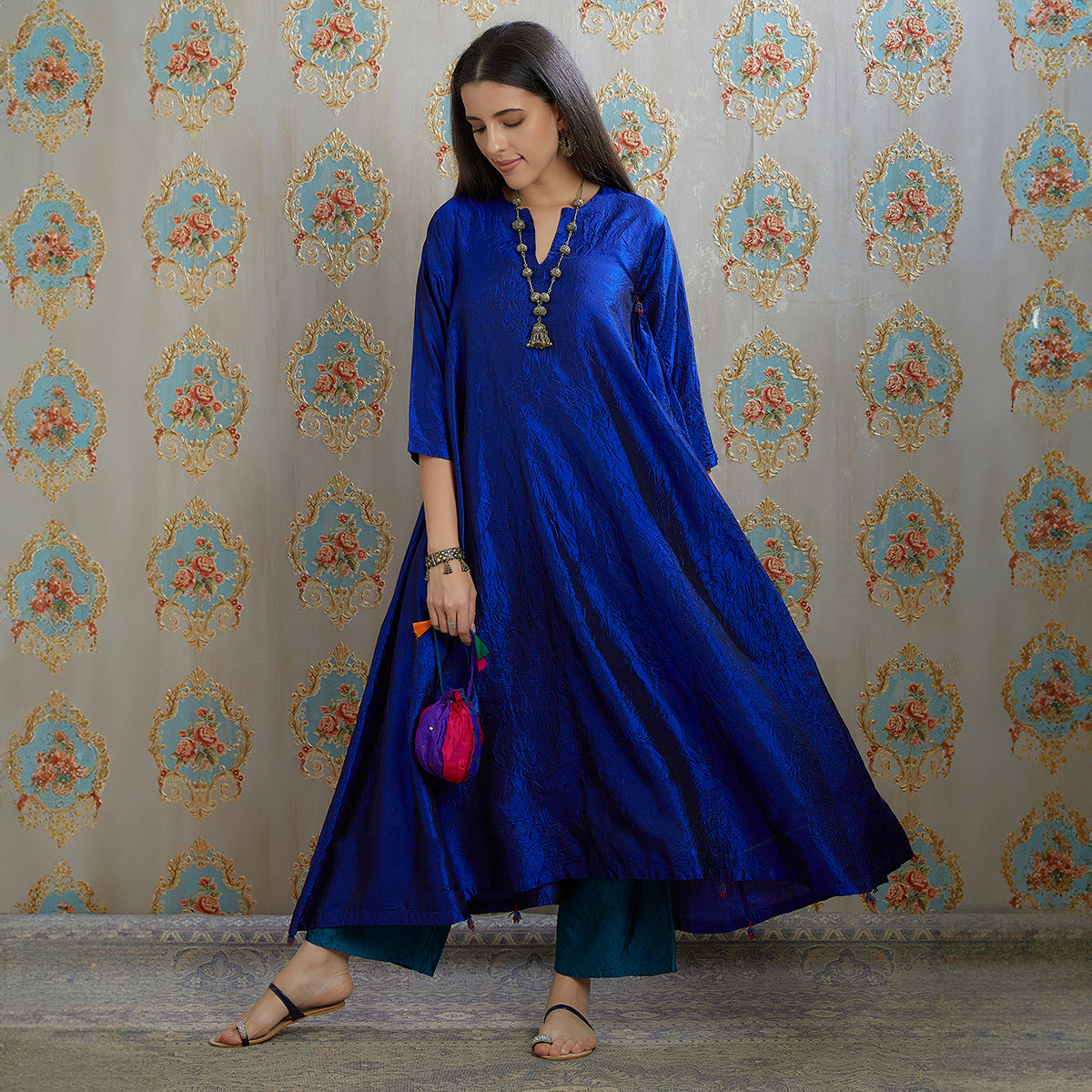 Vibhuti-Electric Blue Hand Crushed Silk Aline Kurta & Pants