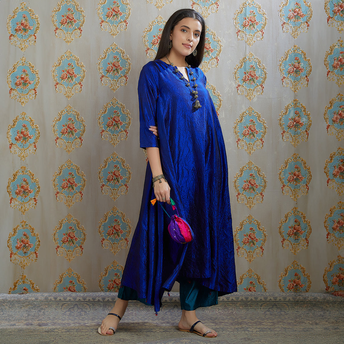 Vibhuti-Electric Blue Hand Crushed Silk Aline Kurta & Pants