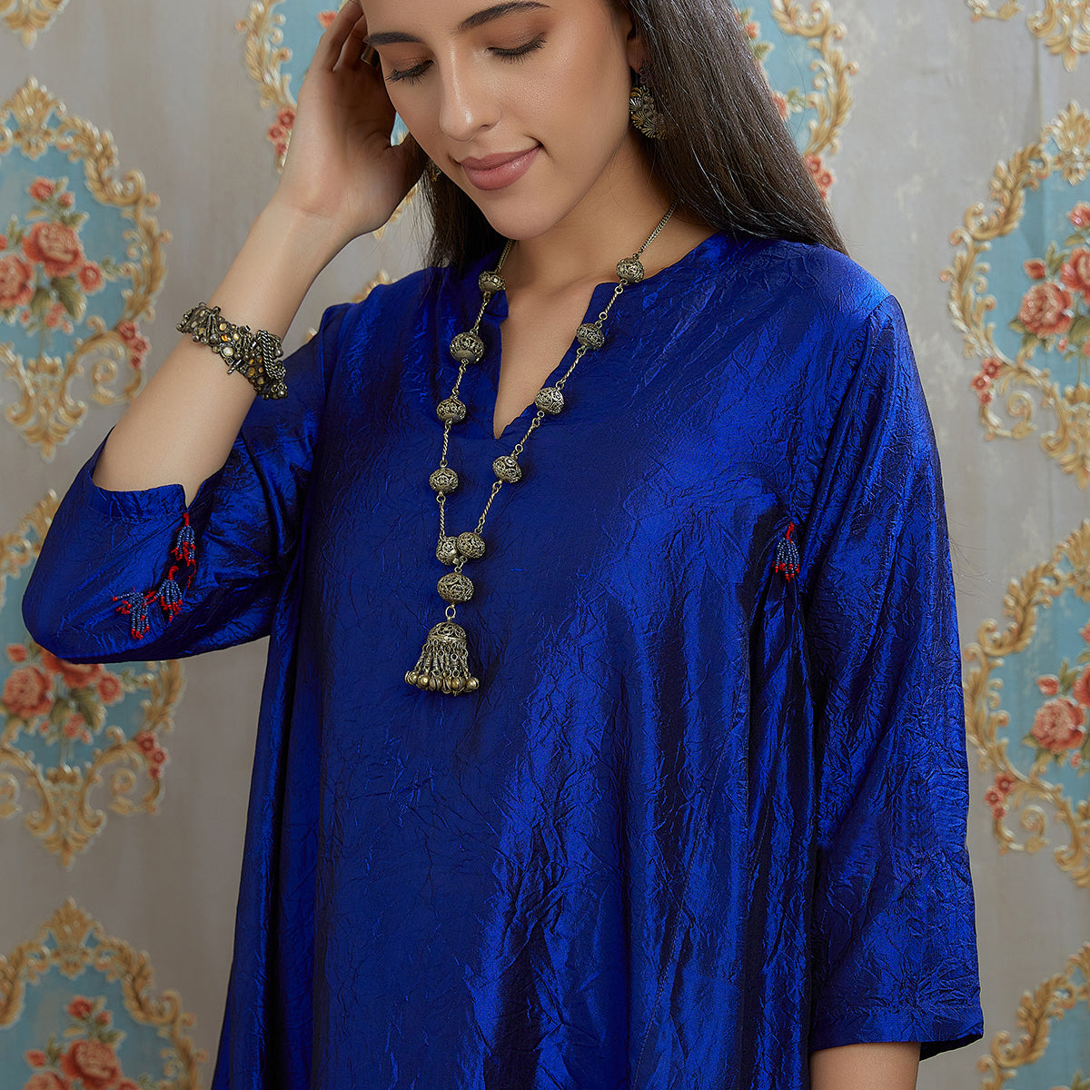 Vibhuti-Electric Blue Hand Crushed Silk Aline Kurta & Pants