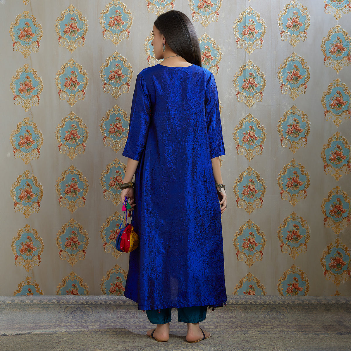 Vibhuti-Electric Blue Hand Crushed Silk Aline Kurta & Pants