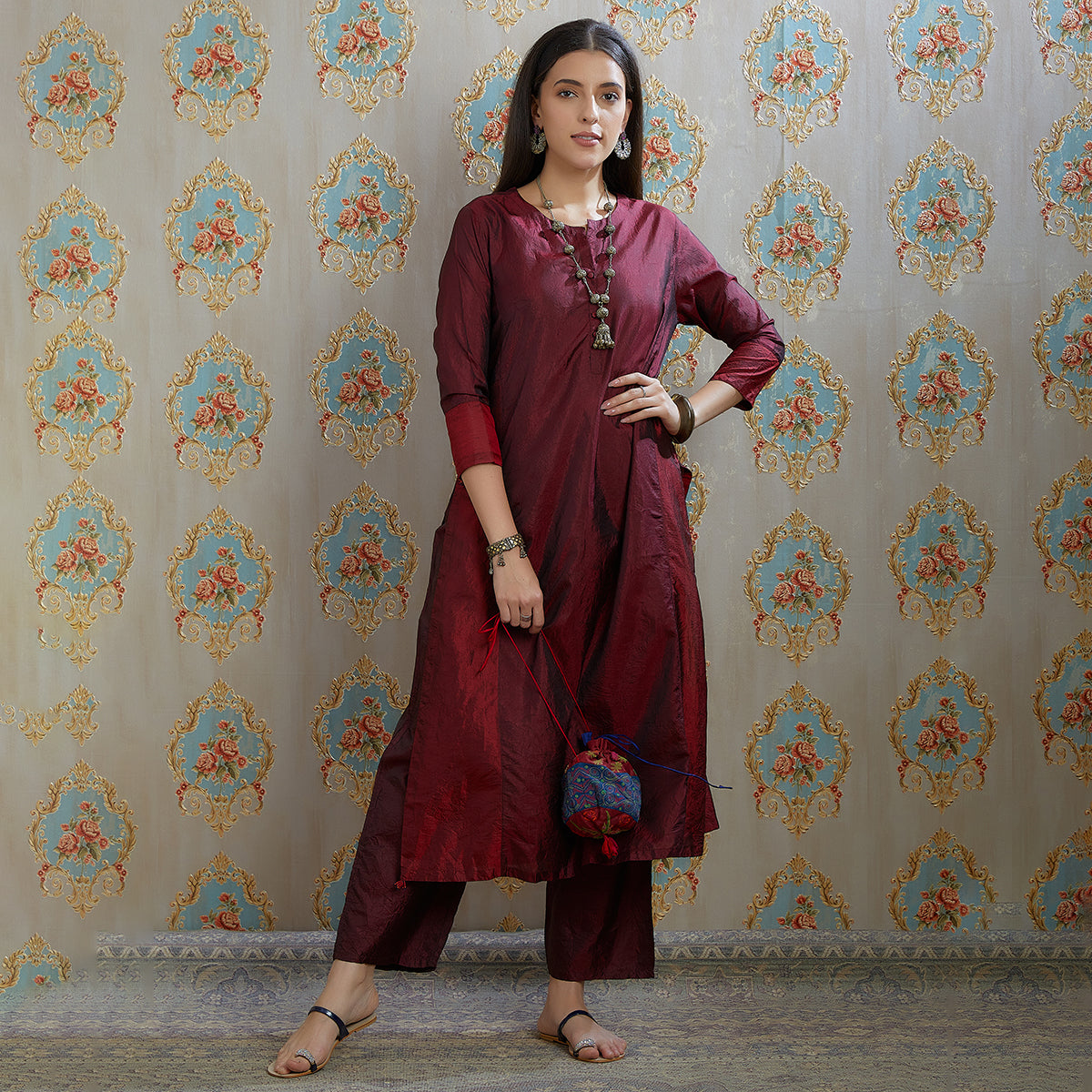 Vibhuti-Marron Hand Crushed Silk Straight Kurta & Pants